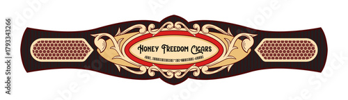 Cigar Band Ornament: A detailed cigar band in dark tones with an ornate design that hints at sophistication and luxury, offering a glimpse into a world of tradition and craftsmanship.