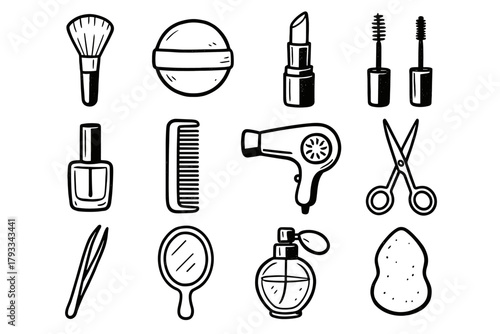 Brush icon perfume beauty tools nail puff bottle powder tweezers vector comb