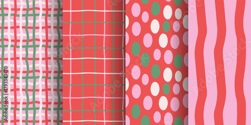 Christmas set of quirky childish seamless patterns. Abstract hand quirky dotted, striped, plaid, and checkered designs. Doodle festive, party, and xmas decorative wrapping paper. Flat vector