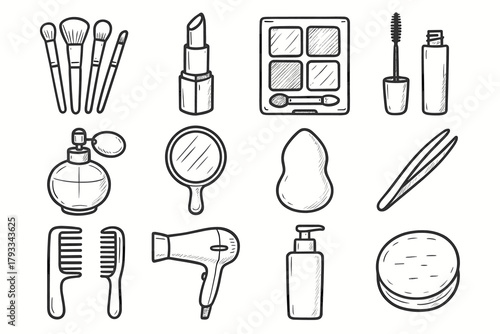 Mascara perfume makeup hairdryer comb icons tweezers cotton icon beauty set tools
