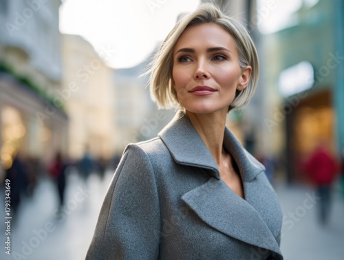 A fashionable woman in a structured beige coat is captured in a blurred urban setting, looking thoughtfully upwards. She represents contemporary style and metropolitan sophistication