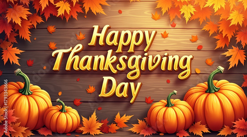 Vintage Thanksgiving poster with distressed texture background, bold retro typography, and an arrangement of pumpkins and swirling fall leaves