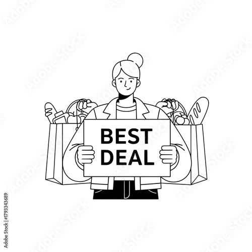 Woman shopper showcases groceries holding best deal sign in store promotion illustration