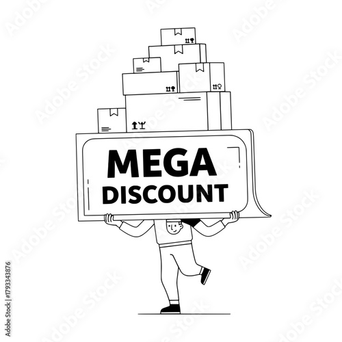 Cartoon courier carries boxes and mega discount sign walking in monochrome delivery promotion