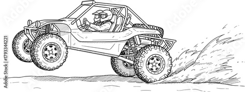 Offroad, buggy, jump, desert, speed, adventure, rugged, wheels, motion, airborne, dust, helmet, extreme, terrain, racing, sketch, illustration, dynamic