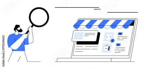 Man holding magnifying glass examining a laptop screen displaying an online store interface. Ideal for e-commerce, online shopping, website analysis, marketing, customer behavior, retail, business
