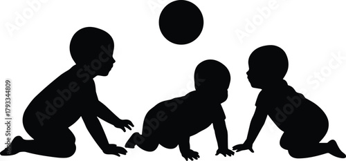 Infant, crawling, silhouette, baby, movement, playtime, childhood, interaction, black, vector, pose, development, isolated, playful, growth, toddler, minimal, ball
