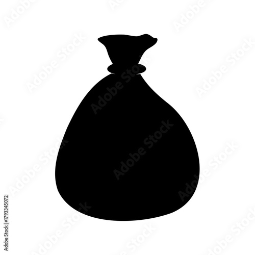 Silhouette image of a tied money bag or sack on white backdrop