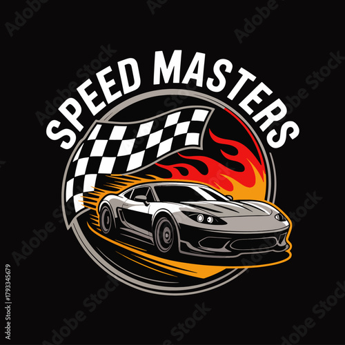 Speed Masters racing emblem with supercar waving checkered flag and flames, bold vector badge for motorsport t-shirt designs, stickers, decals, or logo on black