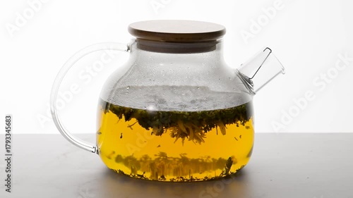 Transparent teapot with brewed herbal tea