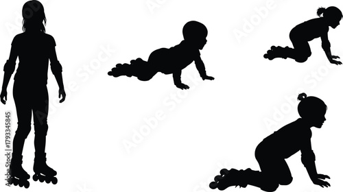 Roller skating children silhouette, crawling to standing, learning movement, black figures, development stages, playful kids, isolated white background