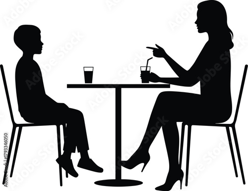 Silhouette of adult and child talking at table, casual conversation, parenting, bonding, drink, communication, family moment
