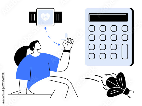 Person using smartwatch with health metrics, inspecting insect, next to calculator. Ideal for wellness, technology, problem-solving, science, lifestyle innovation education. Simple flat metaphor