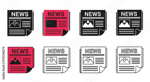 Collection of newspaper icons in various colors and styles flat design
