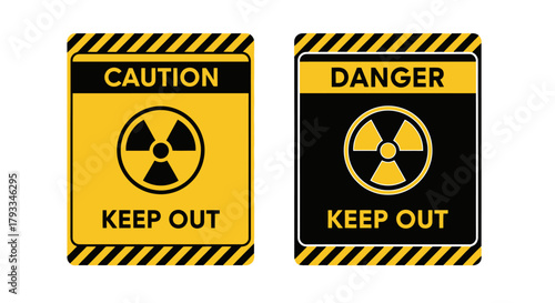 Caution and danger signs displaying radiation symbols with keep out warnings