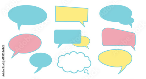 Colorful speech bubbles and thought bubbles in various shapes and sizes