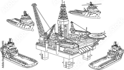 Offshore oil drilling platform, support vessels, maritime engineering, ocean industry, energy infrastructure, supply ships, helipad, cranes, rig