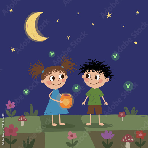 Two cheerful children holding a jar of fireflies under a starry night sky, illustration in a children's doodle style