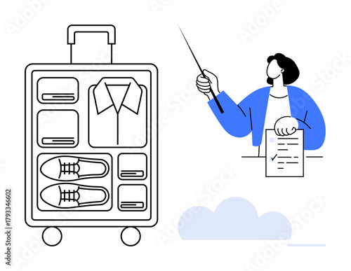 Packed suitcase with compartmentalized items thumbs up shirt and shoes alongside a woman holding paper and pointing. Ideal for travel, organization, education, presentations, planning, business