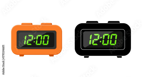Two digital alarm clocks displaying twelve o clock in orange and black