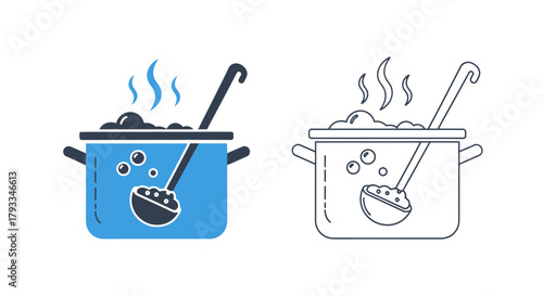 A colorful and monochrome illustration of a pot with broth and ladle