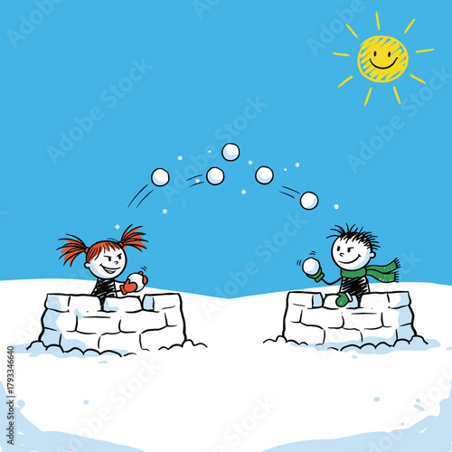 Children playing snowball fight while smiling in winter landscape illustration in a children's doodle style