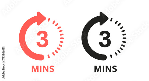Paired circular icons displaying 3 mins in red and black color schemes
