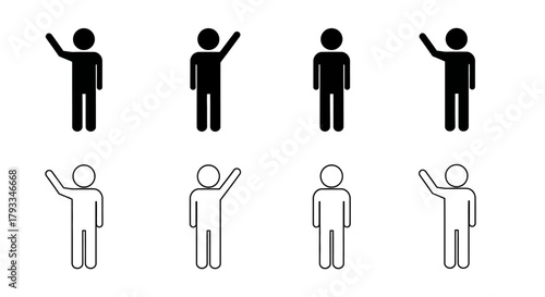Simple stick figures waving outlined and filled in a grid arrangement