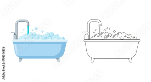 Bathtub with running water and bubbles colored and outline illustration
