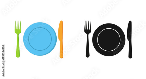 Colorful flatware and plates arranged in a simple graphic composition