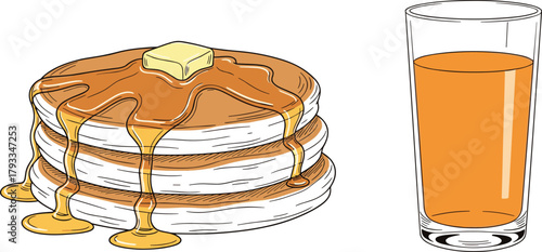 Pancakes breakfast with syrup, butter topping, orange juice glass, morning meal illustration, stylized food drawing, delicious brunch concept