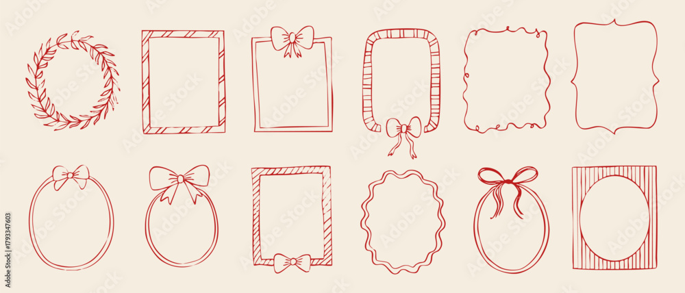 Fototapeta premium Set of red hand drawn frames and wreaths with ribbons and bows. Decorative minimal line art on beige background, perfect for Christmas cards and holiday designs