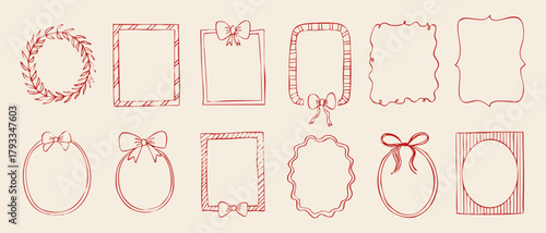 Set of red hand drawn frames and wreaths with ribbons and bows. Decorative minimal line art on beige background, perfect for Christmas cards and holiday designs