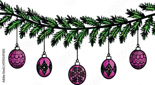 Festive evergreen garland with pink ornament baubles for holiday cheer, spreading Christmas joy and winter celebrations, a touch of elegant holiday spirit