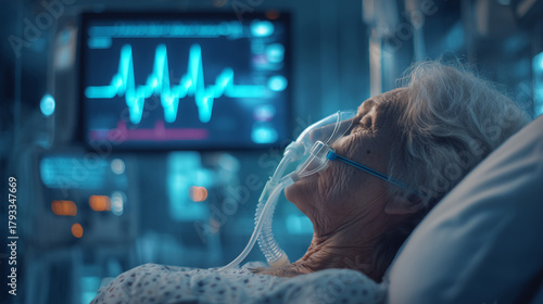 Caring for an elderly patient in a hospital room with monitoring equipment and supportive care measures in place Generative AI