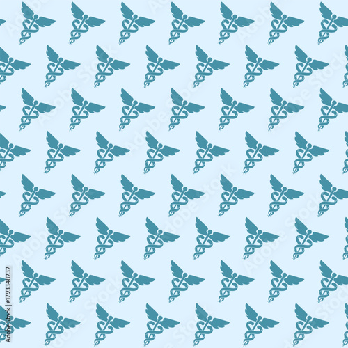 Seamless medical caduceus symbol pattern in blue tones for healthcare design projects