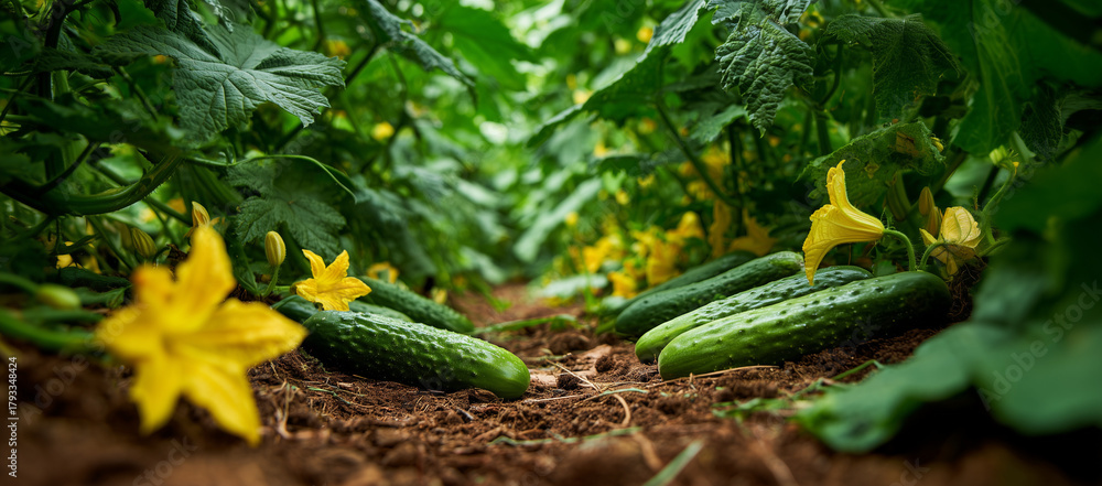 Obraz premium Cucumbers growing among yellow flowers in a lush garden during the summer season Generative AI