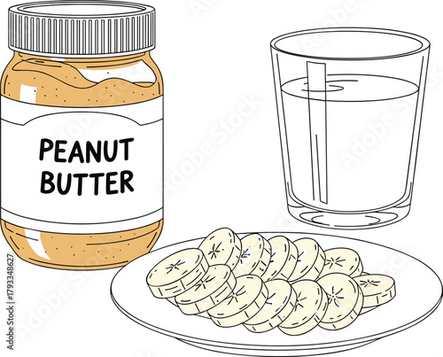 Peanut butter, milk, banana slices, healthy snack, breakfast food, protein source, nutritious meal, dairy drink 