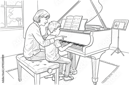 Piano lesson, child learning, music education, grand piano, teacher guidance, indoor scene, classical training, family moment, artistic sketch, music room, window view, emotional bond