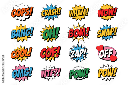 Set of comic speech bubbles with text colorful vector illustration in pop art style isolated on white background