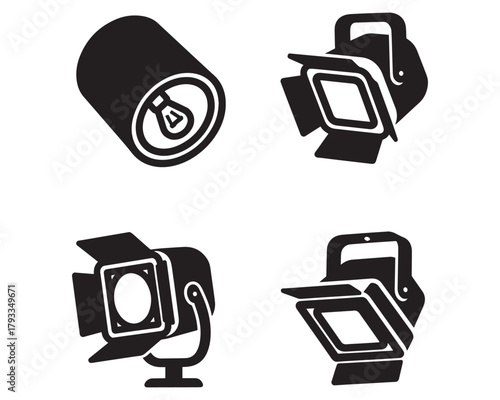Stage Lighting Equipment Vector Icons Set Black and White