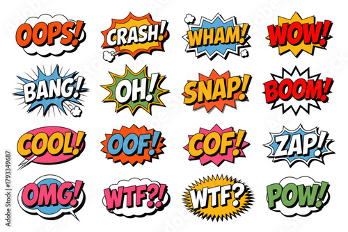 Comic speech bubbles with onomatopoeia colorful vector illustration in retro pop art style for graphic design and creative projects