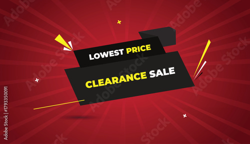 clearance sale lowest price web banner vector art template design label badge icon yellow black gray white bold text dark red light shine sun abstract shapes modern business background creative style 