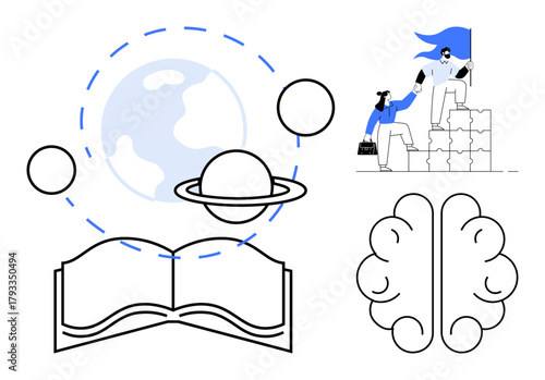 Open book, planet with orbiting circles, human collaboration climbing blocks, and creative brain outline. Ideal for education, teamwork, learning, science innovation leadership inspiration. Simple