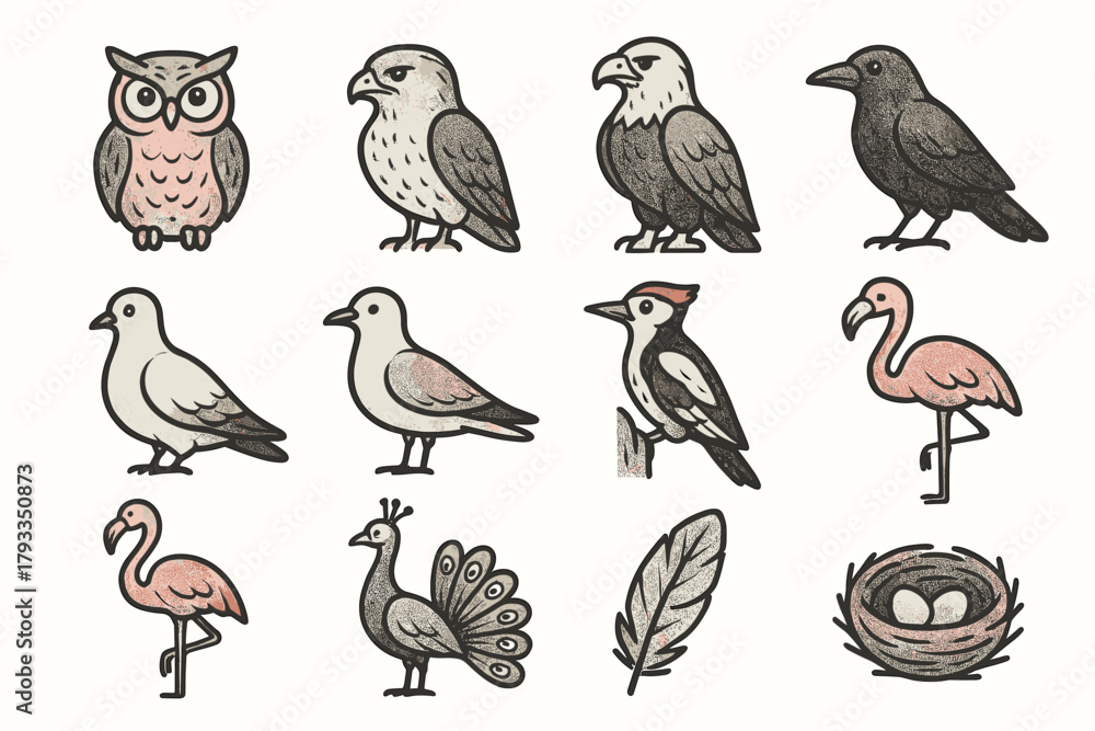 Obraz premium Hawk peacock flamingo seagull owl feather eagle bird icon dove collection vector