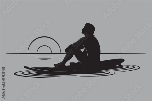 Man sitting on surfboard at sunset silhouette vector design art and illustration