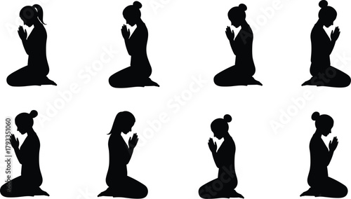 Silhouette of people kneeling in prayer, spiritual meditation pose, devotion, worship, faith, calm, unity, reflection, peace