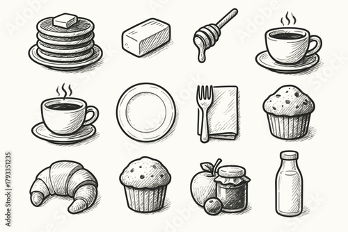 Croissant set icon fork breakfast fruit vector butter plate jam coffee jar
