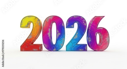 Vibrant New Year 2026 concept. Distressed 3D numbers with a swirling rainbow texture and cracked paint effect.