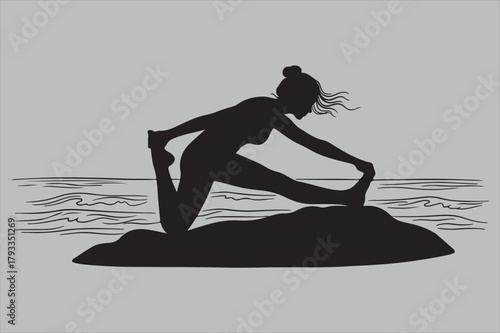 Woman stretching on beach  silhouette vector design art and illustration